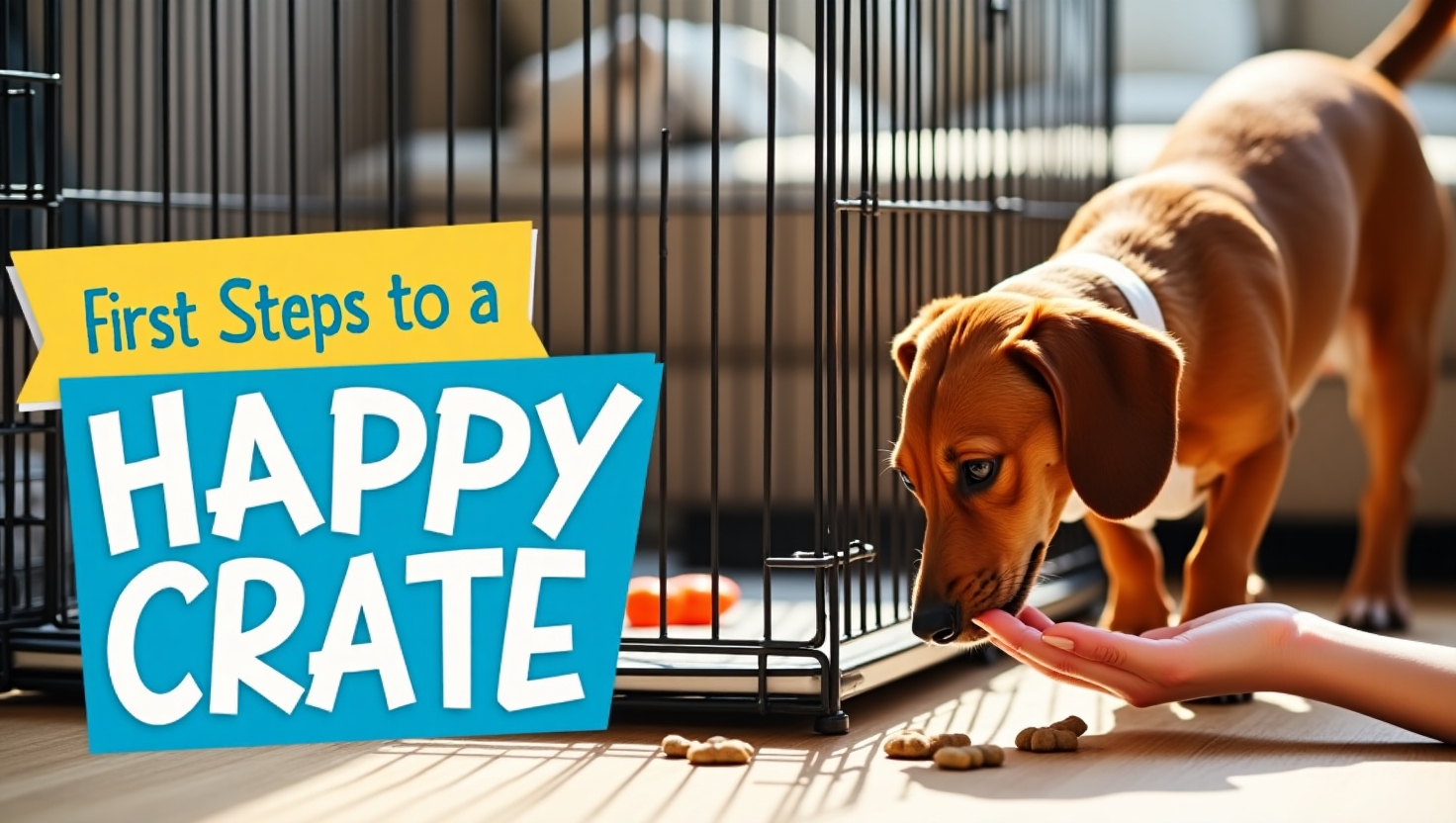 Older dog sniffing crate with treats